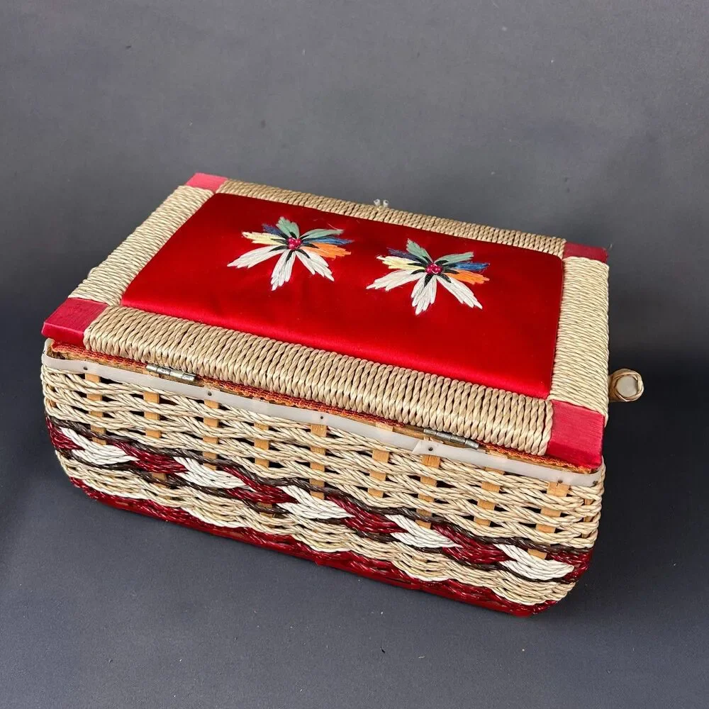 Charming Vintage Cream + Red Wicker Sewing Box 11